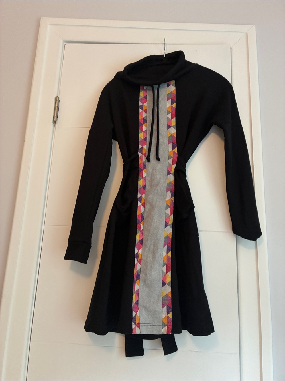 Custom made Black Hooded Midi Dress with Multicolor Geometric Trim